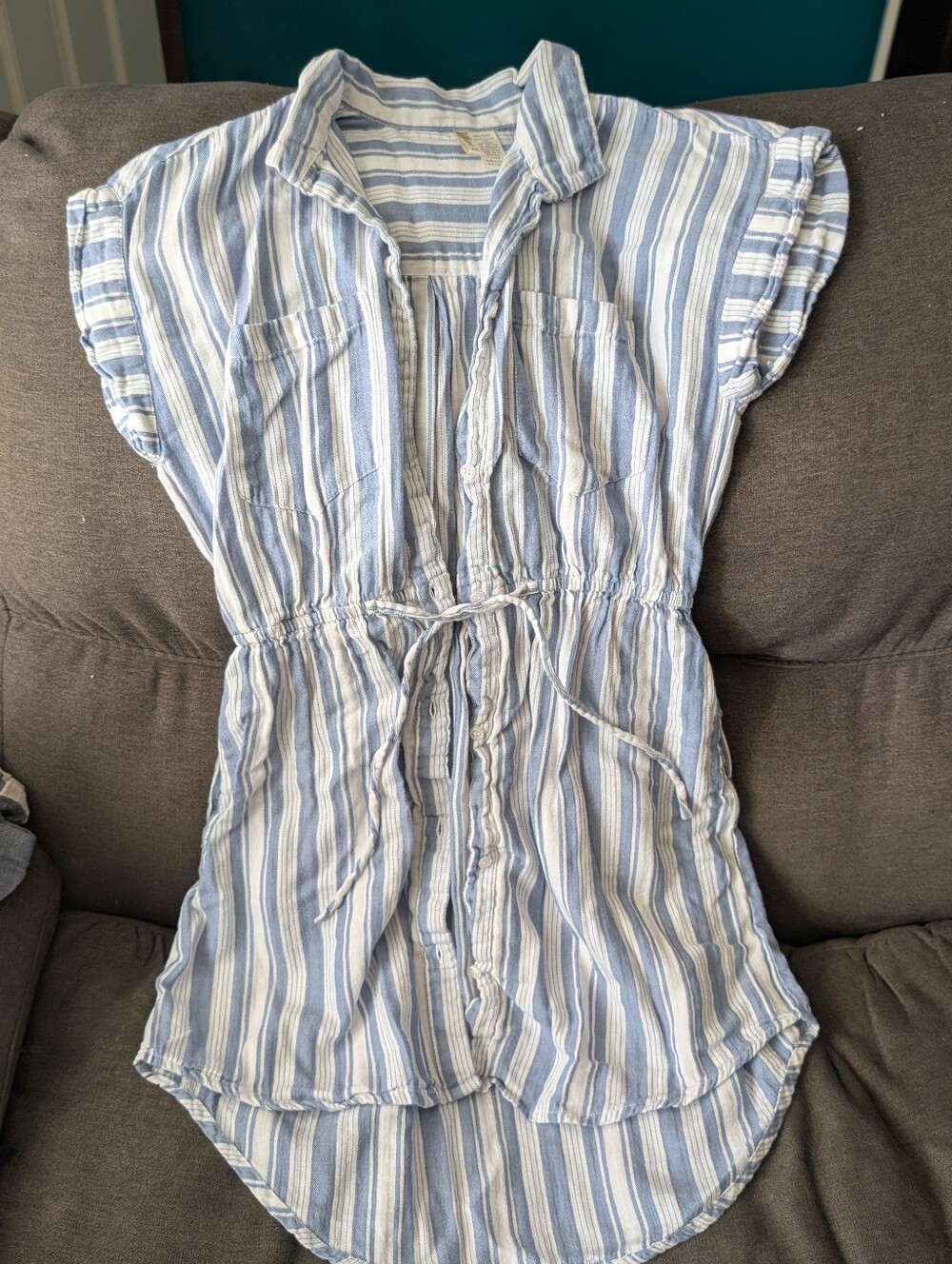 Lightweight Blue & White Striped Drawstring Shirt Dress